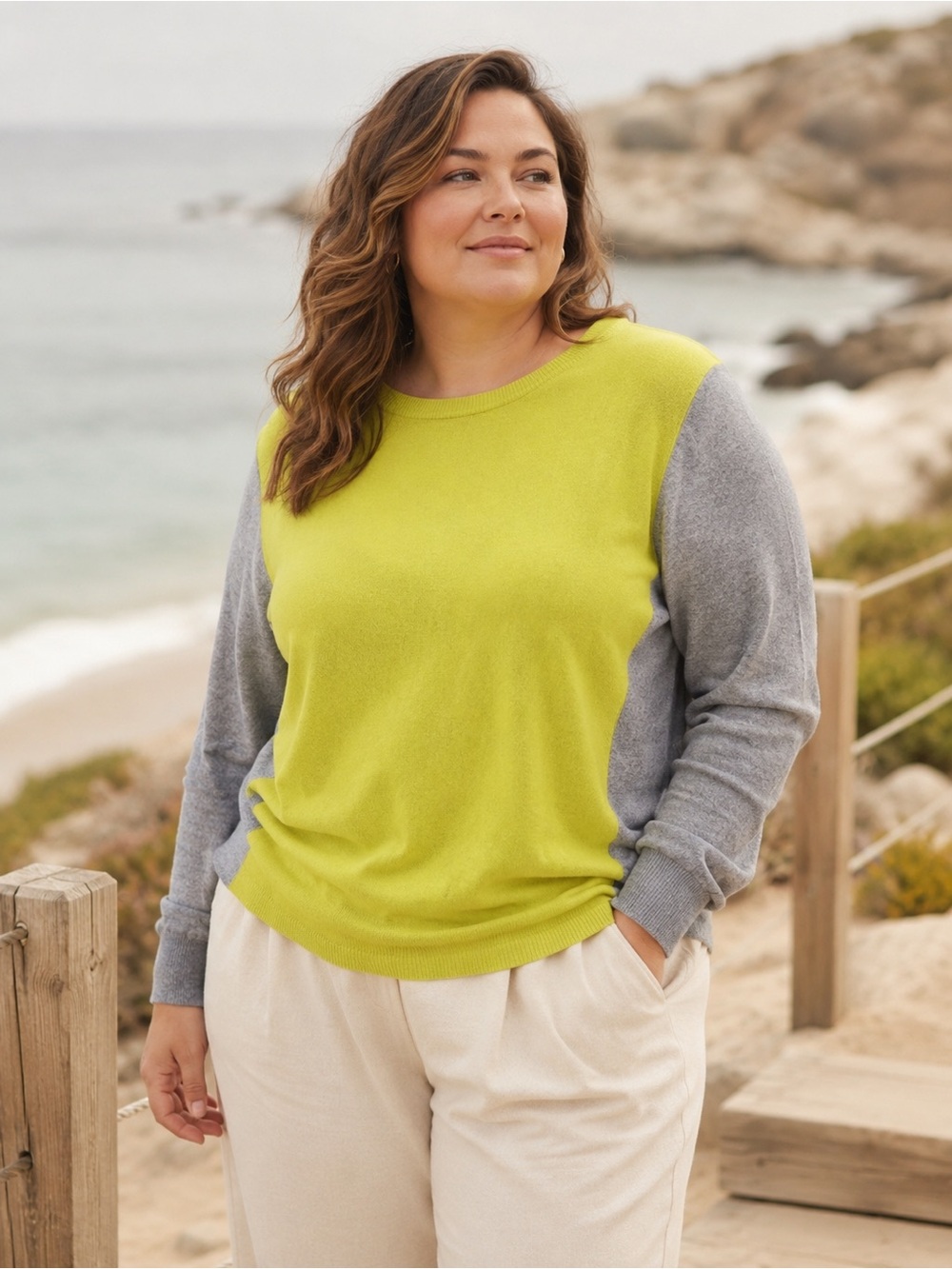CASHMERE COTTON BLEND COLORBLOCK PULLOVER SOFT SWEATER GRAY GREEN 1X EUC